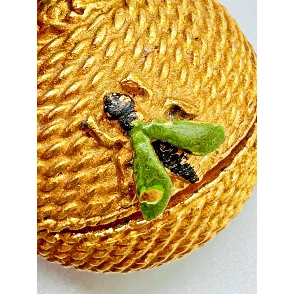 FLORENZA Jewelry Trinket Pill Box Insect Bug Bee‎ Enamel Hive Green Glass Top